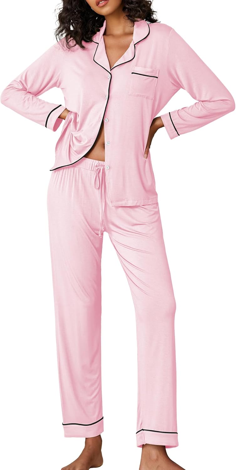 Ekouaer Pajamas Women's Long Sleeve Sleepwear Soft Button Down Set