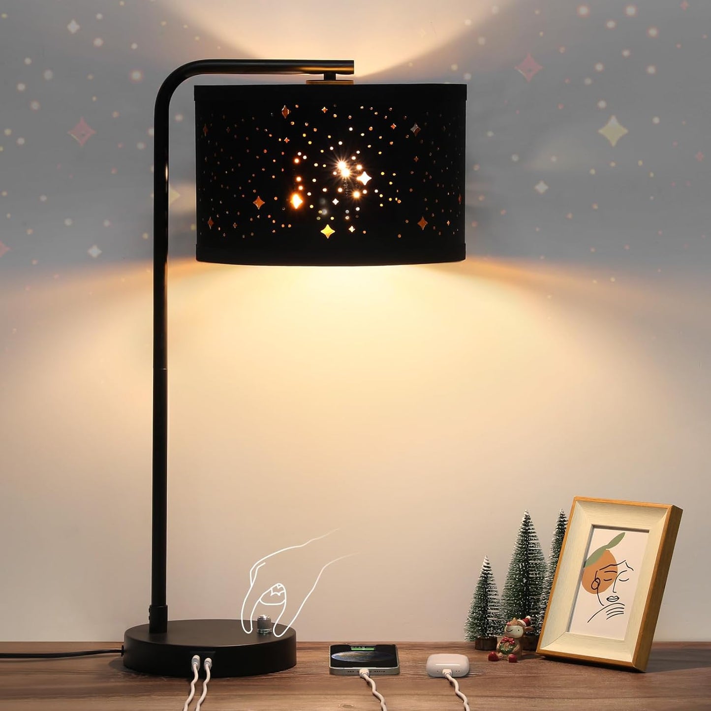 Bedside Table Lamp with USB Ports and Dimmable Features