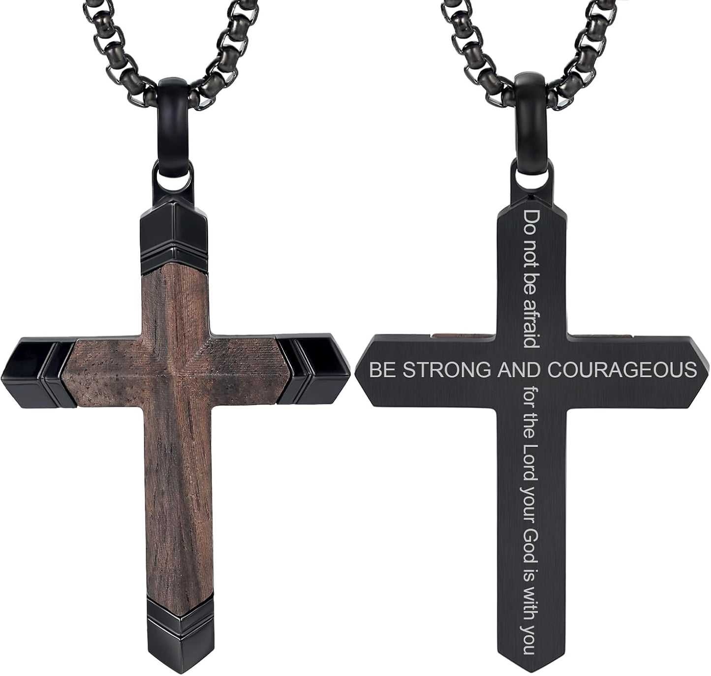 Cross Necklace for Men - Stainless Steel & Wood Adjustable Chain