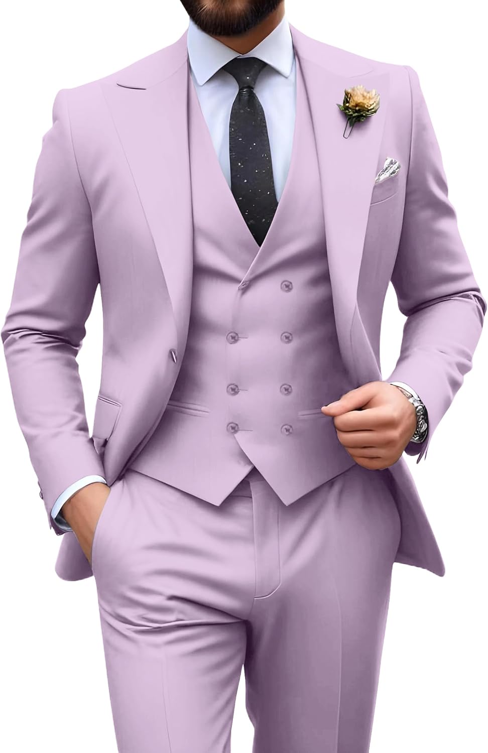 Mens Suit Slim Fit 3 Piece Double Breasted Tuxedo Set for Weddings