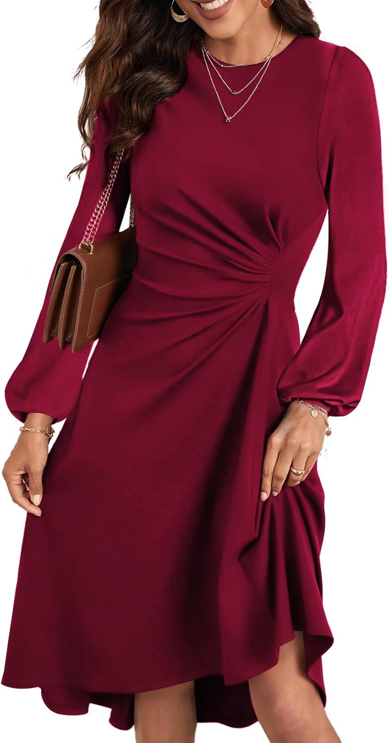 Happy Sailed Women's Long Sleeve Ruched Waist Midi Dress