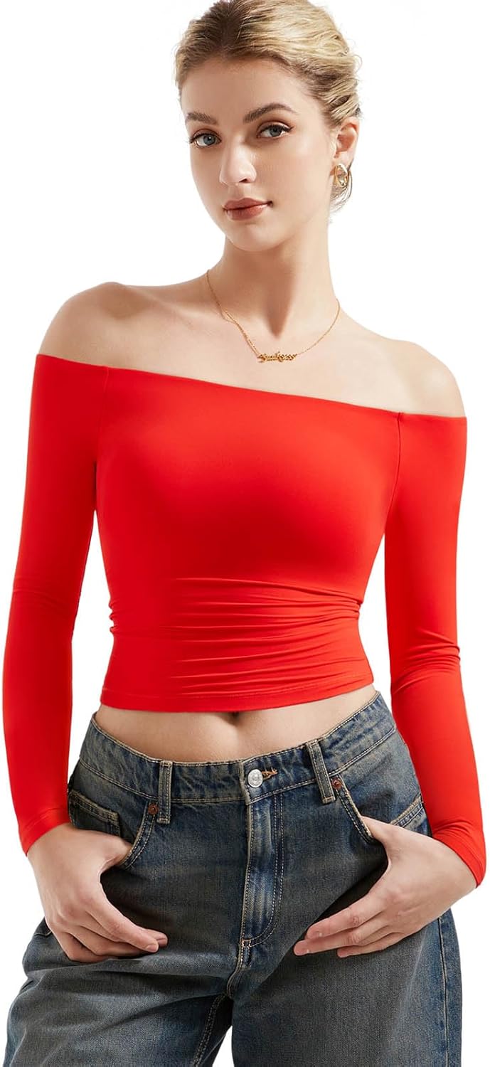 SUUKSESS Women Off Shoulder Long Sleeve Shirts for Going Out