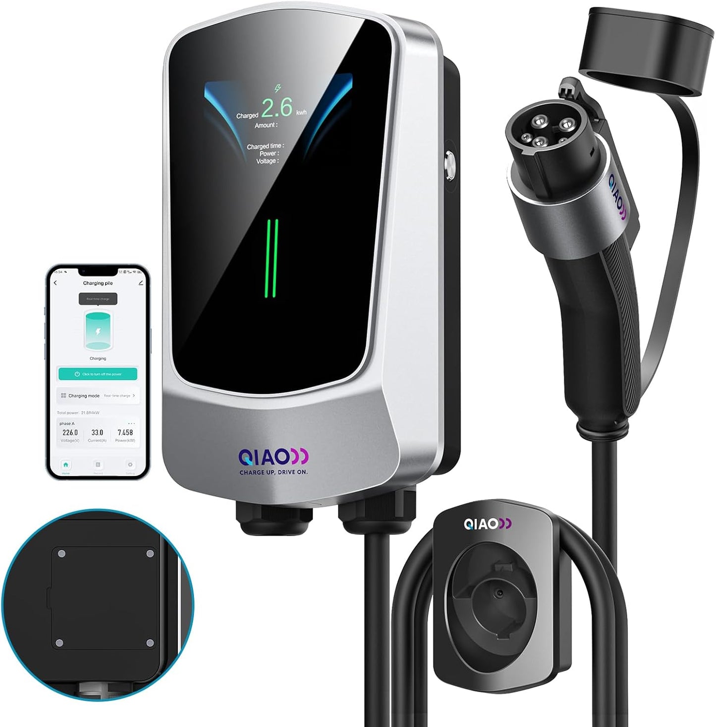 48A Hardwired EV Charger with Wi-Fi, 4.3in Display - QAOFUL