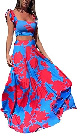 Vakkest Womens Summer Sexy 2 Piece Outfit with Ruffle Floral Design