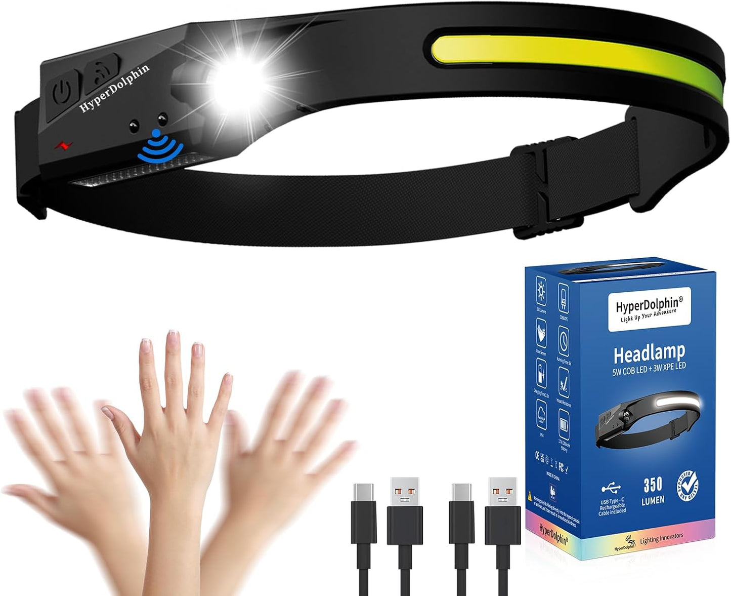 HyperDolphin Rechargeable Headlamp - Super Bright 350 Lumens