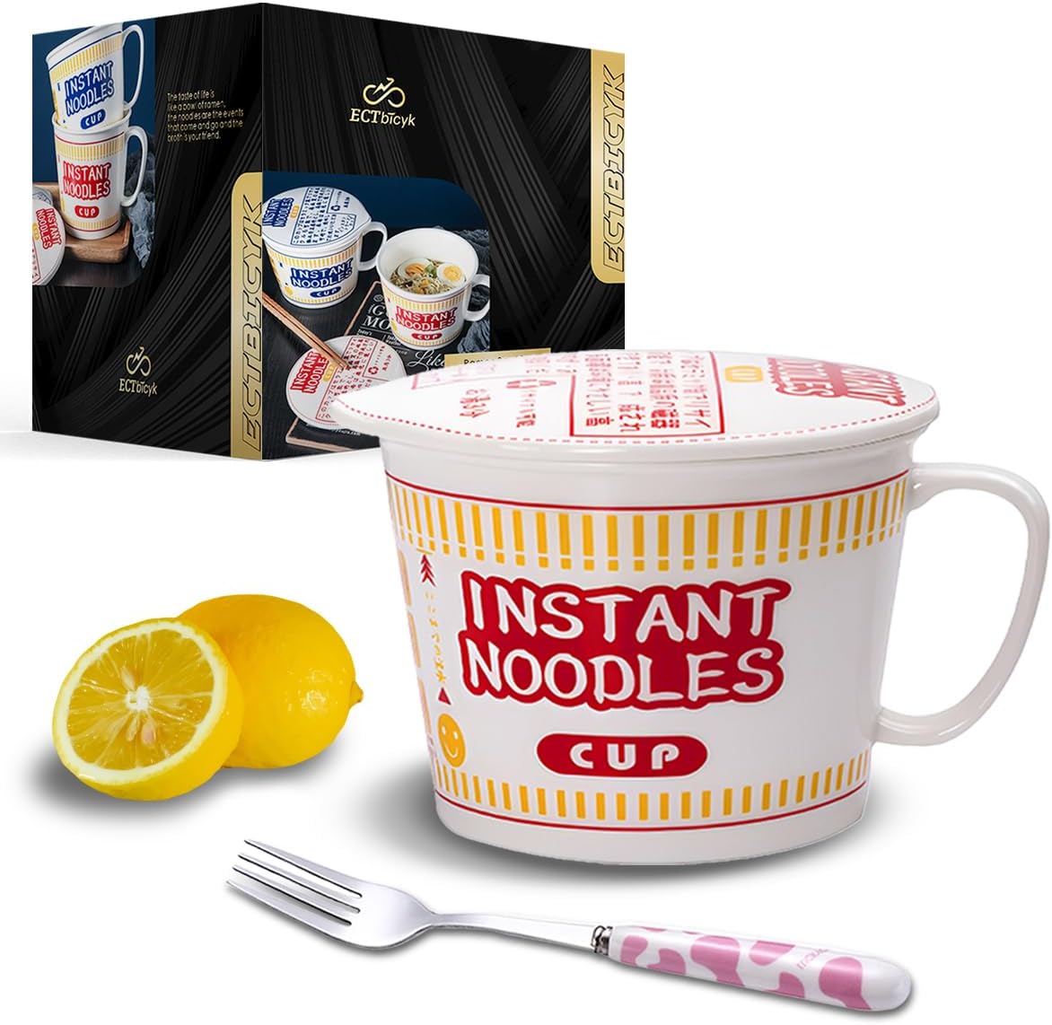 Large 34oz Ceramic Ramen Bowl Set with Lid & Fork - Red