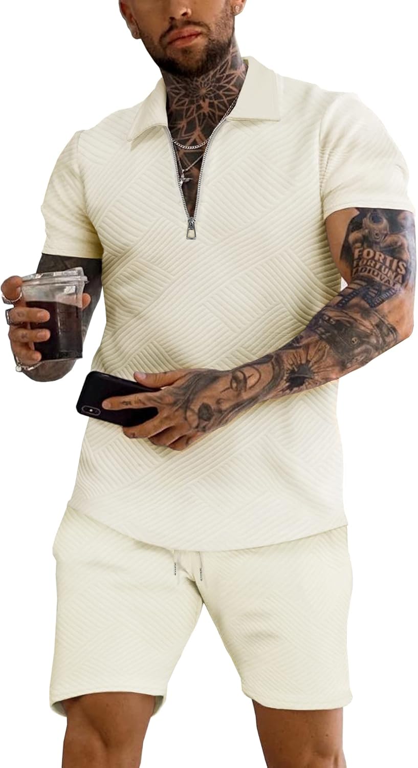 URRU Men's Polo Shirt and Shorts Set for Summer Casual Style