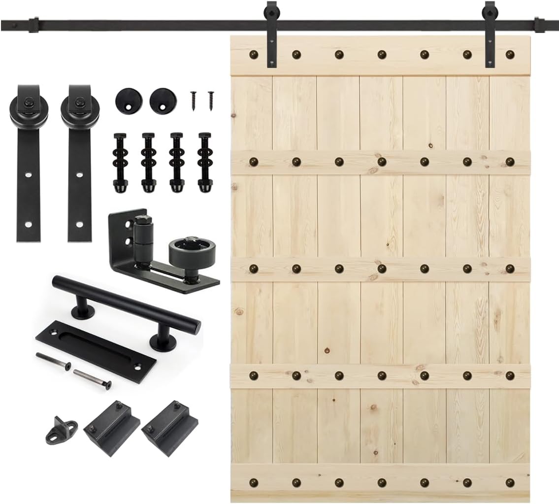 Unfinished Big Copper Nail Knotty Barn Door with Hardware Kit