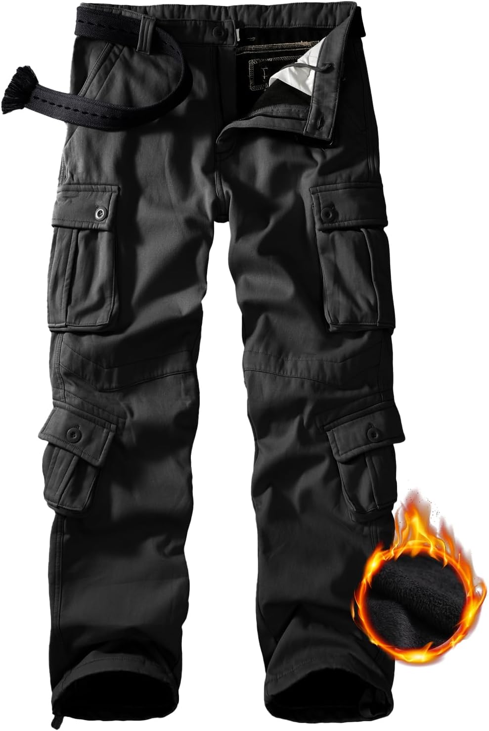 Winter Camo Fleece Lined Hiking Pants for Men - 8 Pocket Cargo Style
