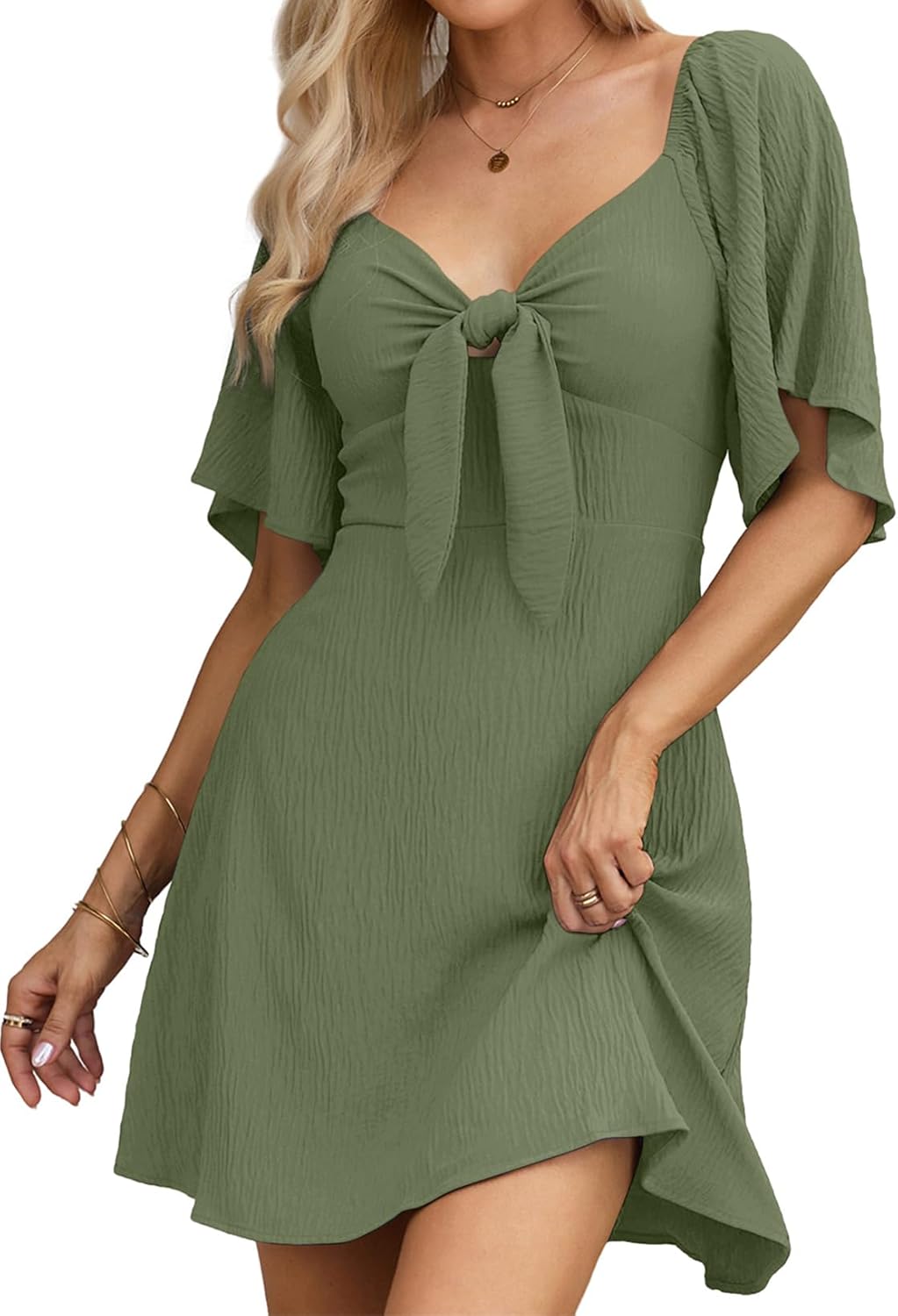 Dokotoo Womens Dresses Deep V Neck Elegant Bow Tie Mini Dress