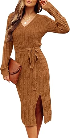 Stylish V Neck Cable Knit Sweater Dress for Women by MEROKEETY