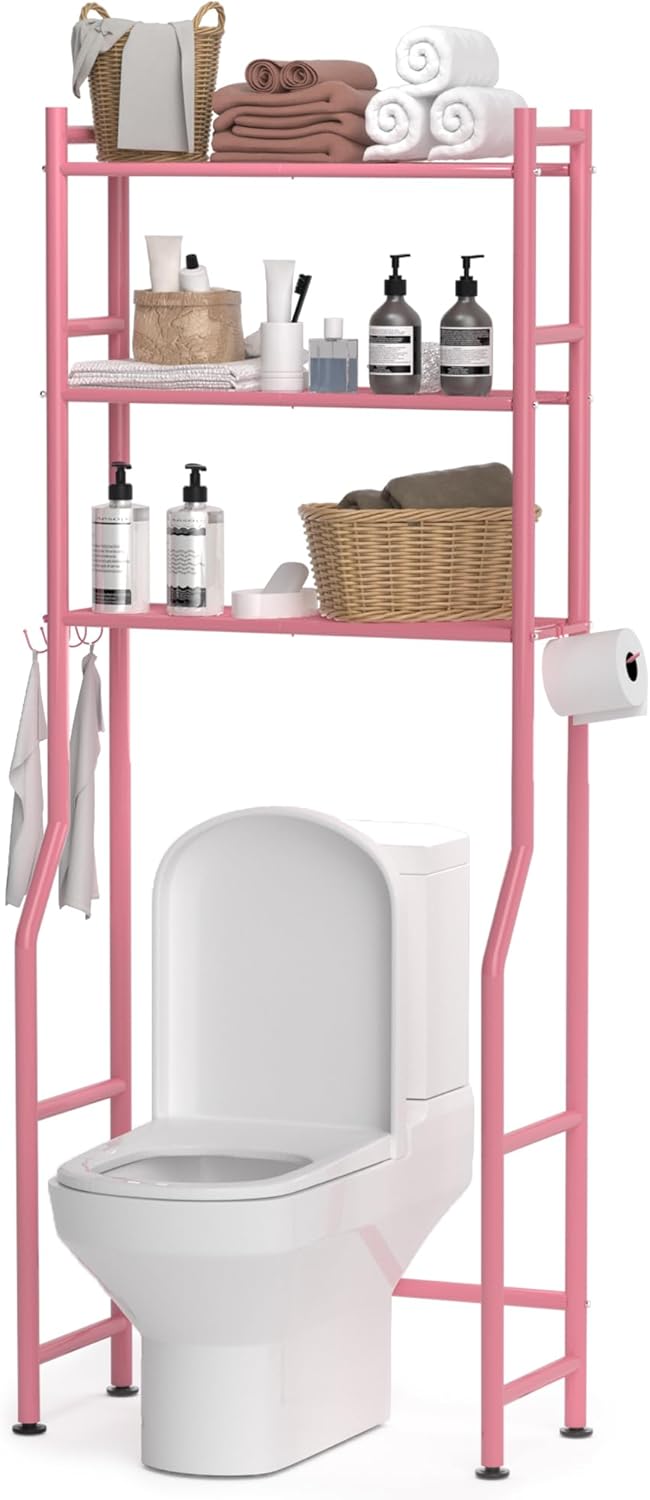 3-Tier Over The Toilet Storage for Bathroom, Pink Metal Shelves