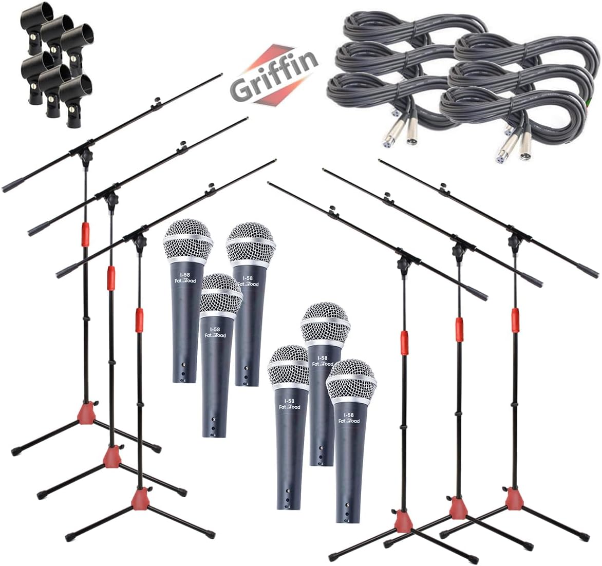 GRIFFIN 6 Pack Boom Mic Stands with Cardioid Microphones