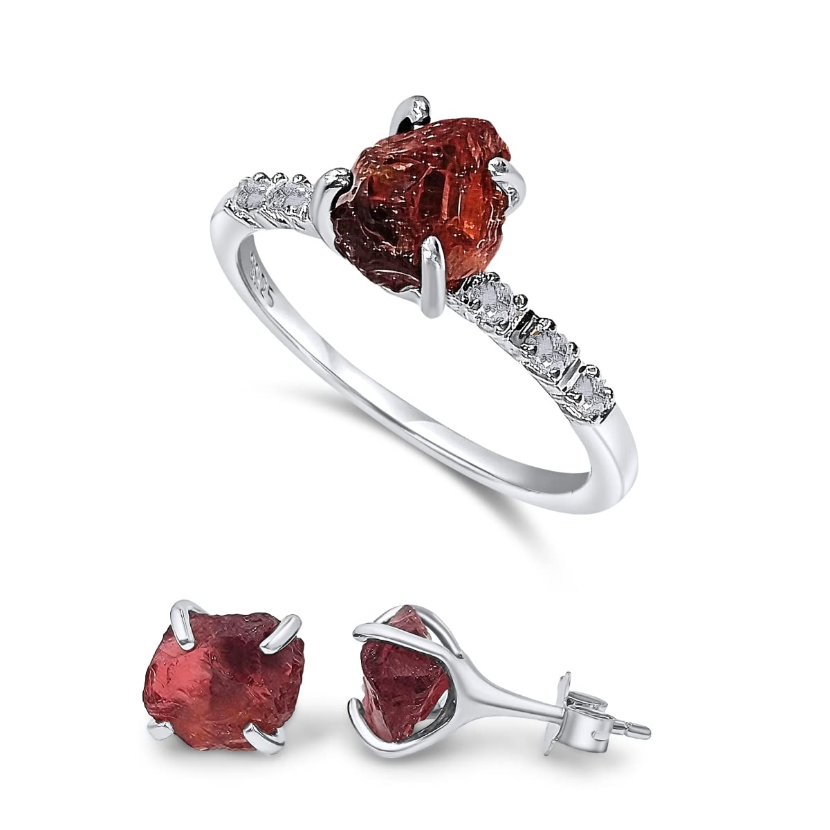 Raw Garnet Stud Earrings and Dainty Ring Jewelry Set Gift