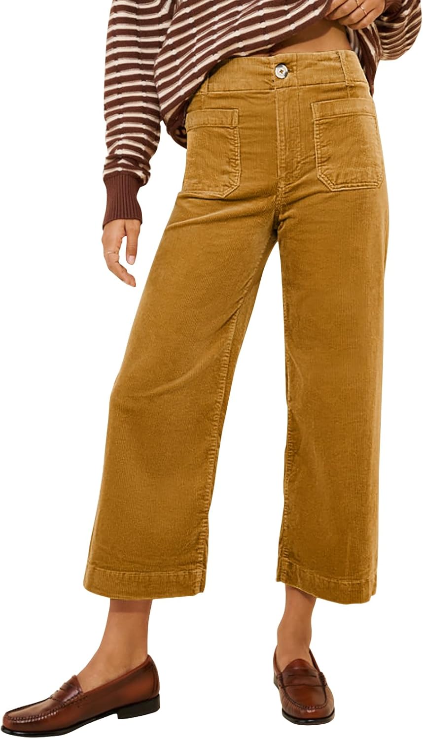 Miduo Womens Casual High Waisted Wide Leg Corduroy Pants