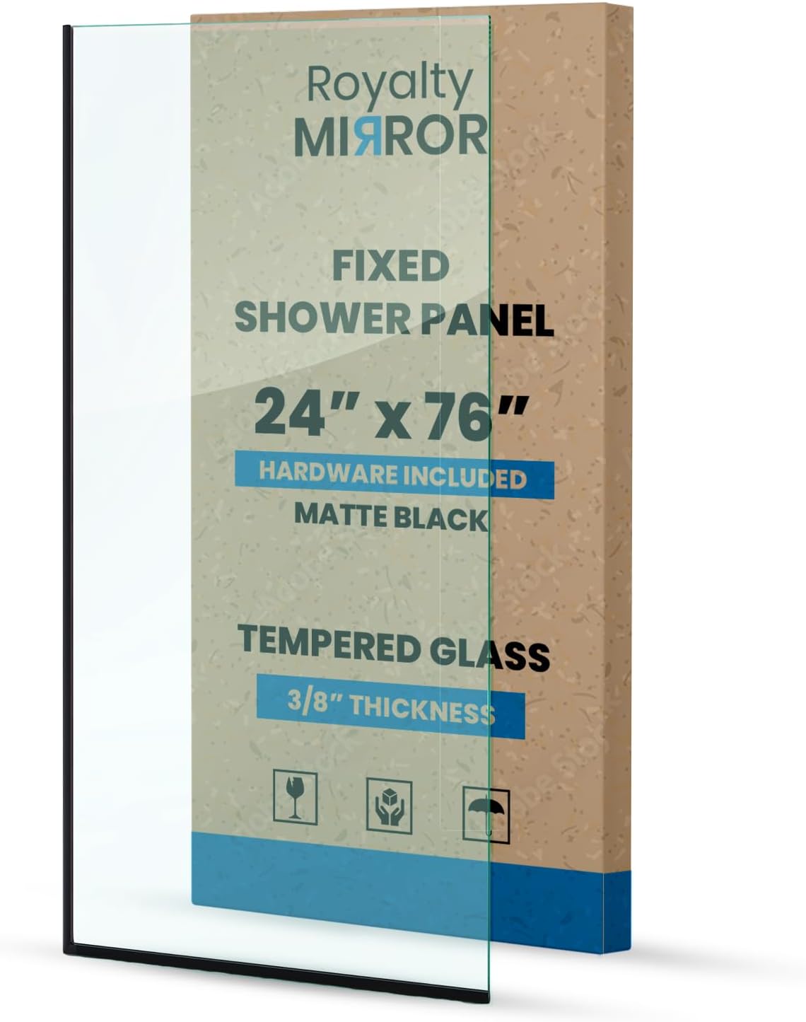 Royalty Fixed Shower Screen - 24in x 76in Frameless Glass Panel
