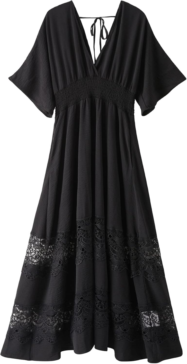 Women's Lace Maxi Dress with V Neck and Smocked Waist Design