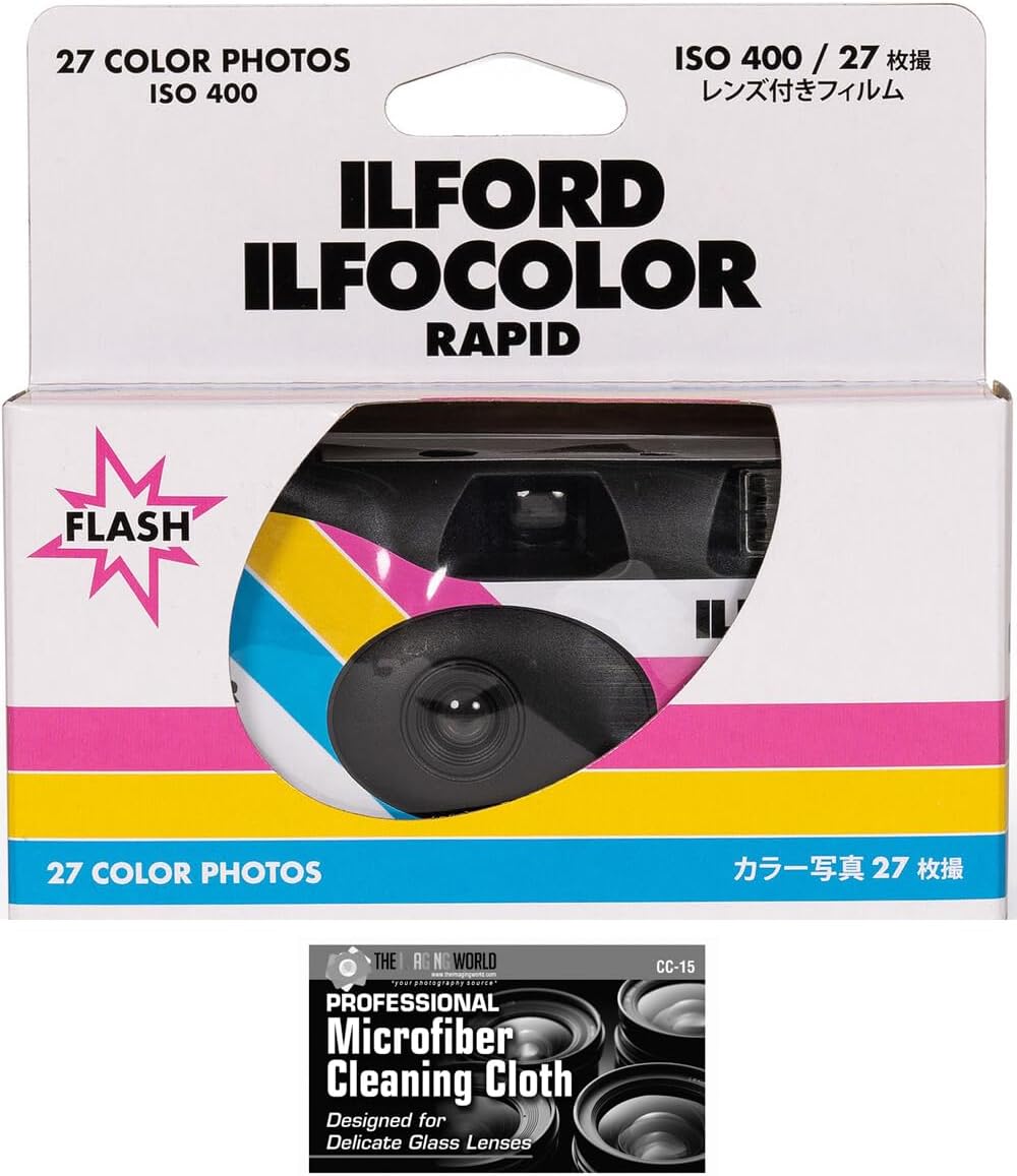 Ilford ILFOCOLOR Single-Use Camera with Flash - Crisp 27 Exposures + Microfiber Cloth