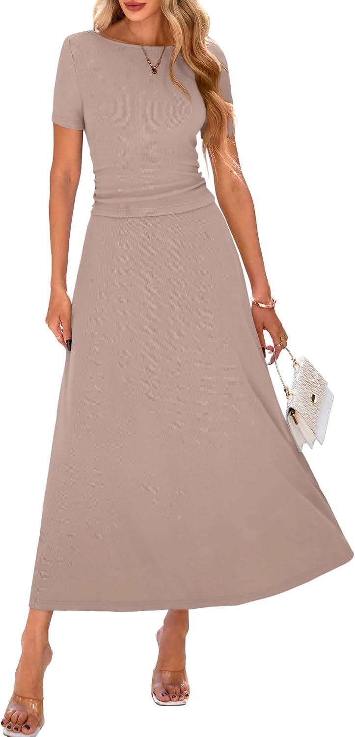 BTFBM Women's Summer 2 Piece Outfits with Flowy Maxi Skirt