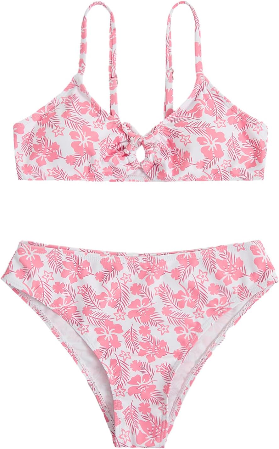 Ditsy Floral Print Knot Front Ruched Triangle Bikini Swimsuit