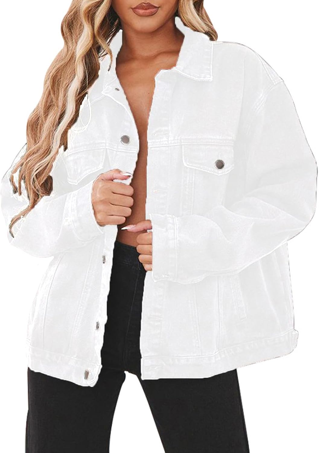 Distressed Jean Jacket for Women - Oversized Denim Trucker Coat