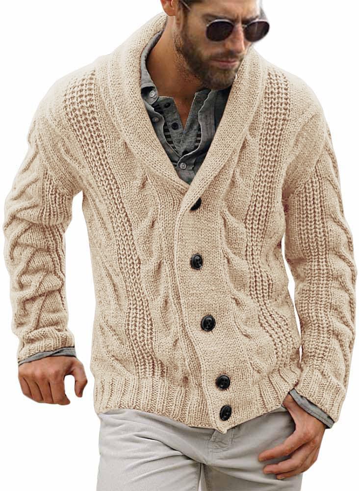 Mens Cable Knit Cardigan Sweater with Shawl Collar for Comfort