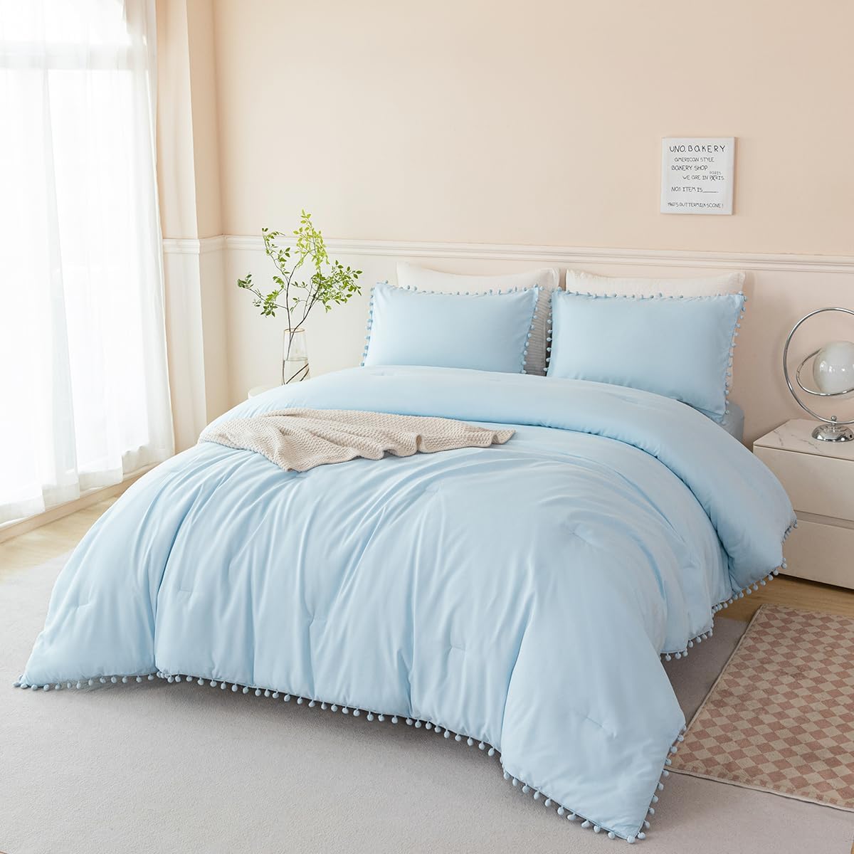 PERFEMET Twin Bedding Set with Pom Pom Comforter in Light Blue