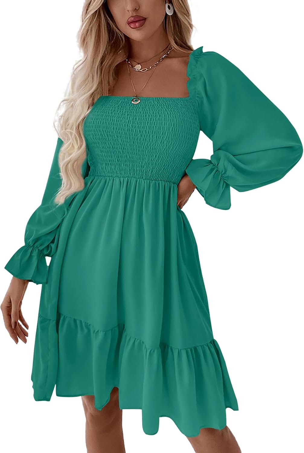 LYANER Women's Square Neck Long Sleeve Ruffle Mini Dress