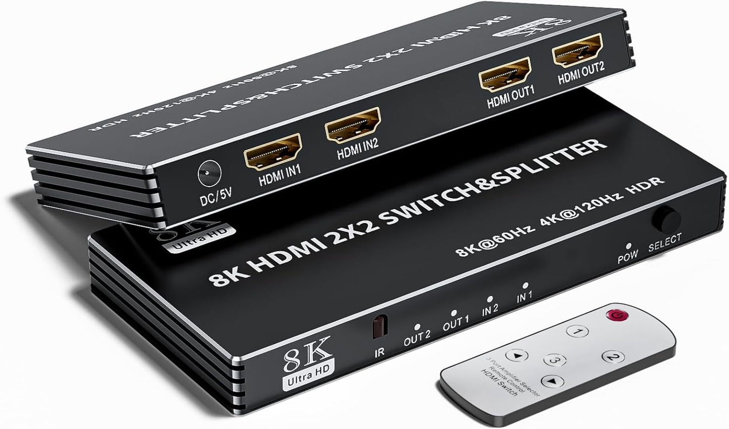 2x2 HDMI Switch Splitter for 8K and 4K with Remote Control