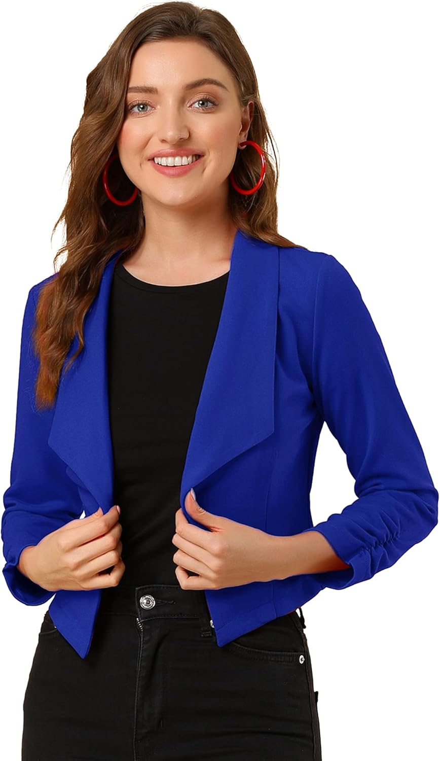 Allegra K Women's Notched Lapel Ruched Sleeve Cropped Blazer