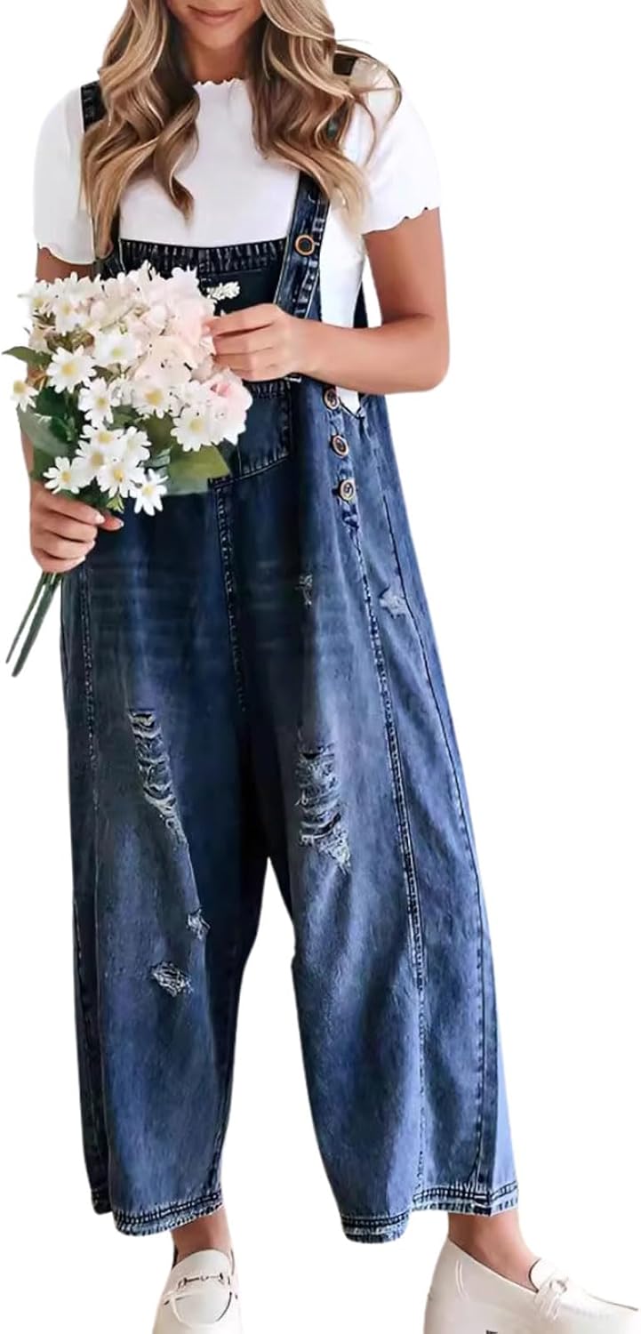 Chouyatou Women Loose Adjustable Strap Denim Bib Overalls