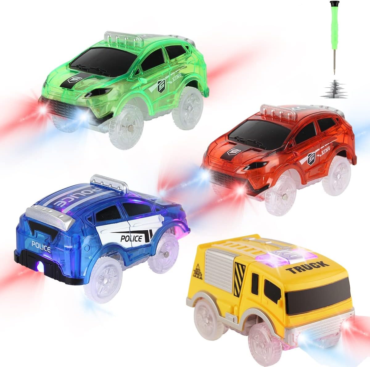 Snap N Glow Trax Cars - LED Lights, 4 Pack