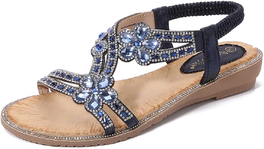 Women's T-Strap Beaded Flower Rhinestone Flat Sandals for Summer