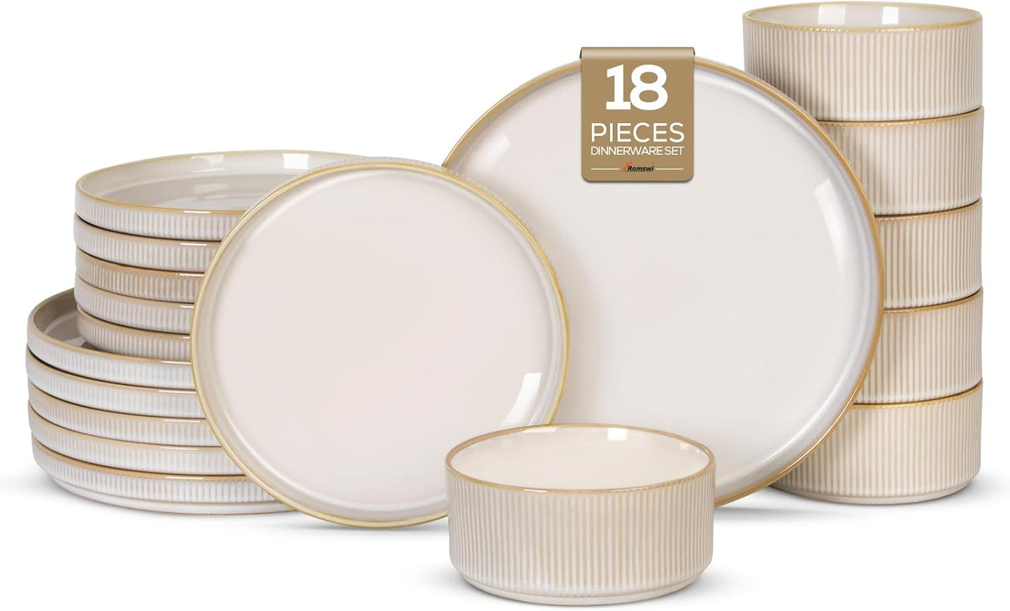 Romswi Ceramic 18Pcs Dinnerware Set for 6, Elegant & Durable