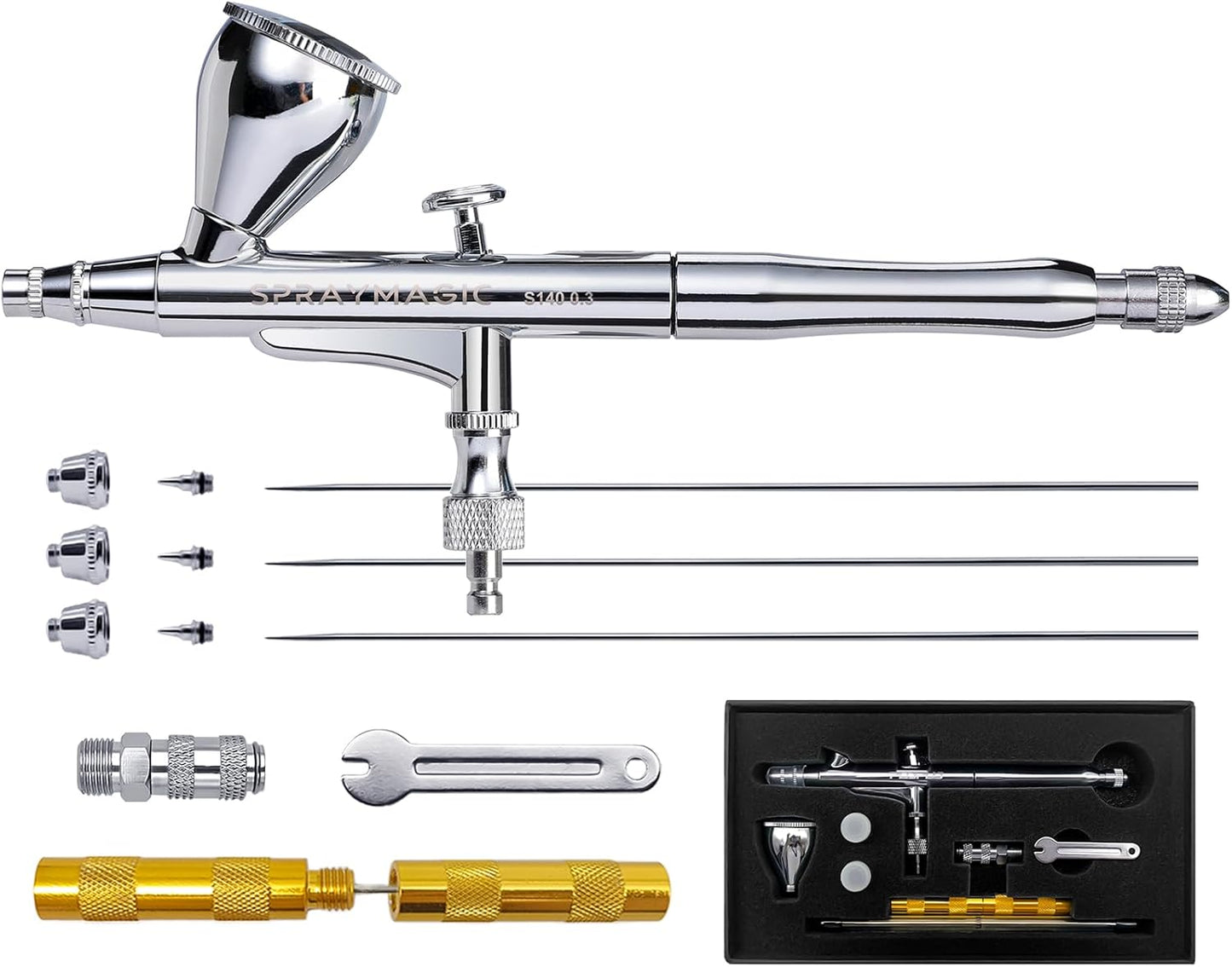 Professional Dual-Action Airbrush Kit | 3 Needle Sizes | Gravity Feed Cup