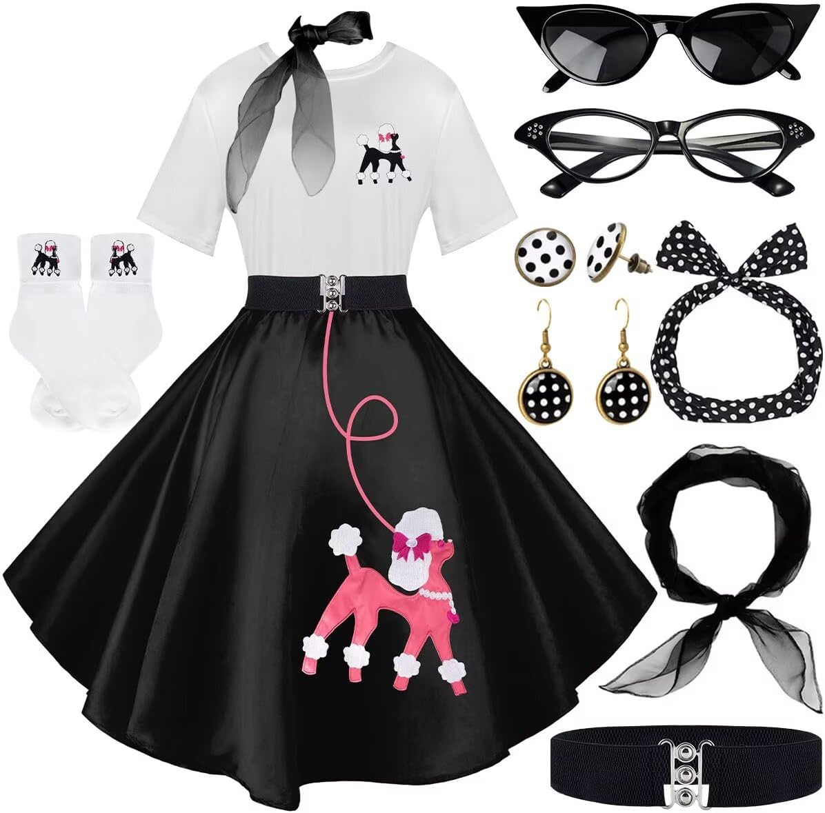 10Pcs Sock Hop Outfits Women with 1950s Poodle Skirts