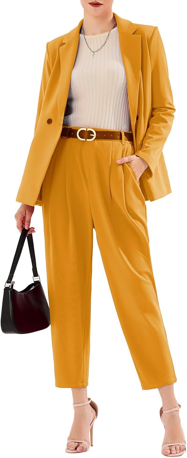 EXLURA Women's Business Blazer and High Elastic Waist Pant Suit