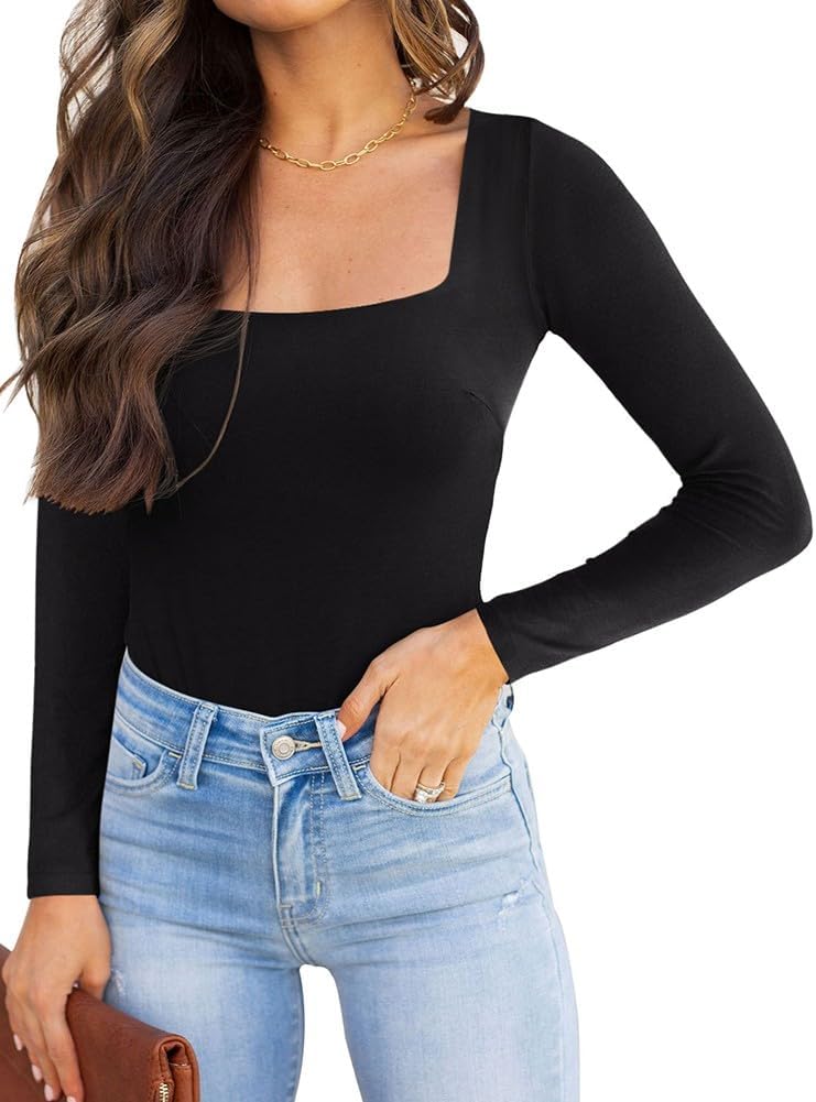 REORIA Womens Basic Sexy Square Neck Long Sleeve Bodysuit Tops
