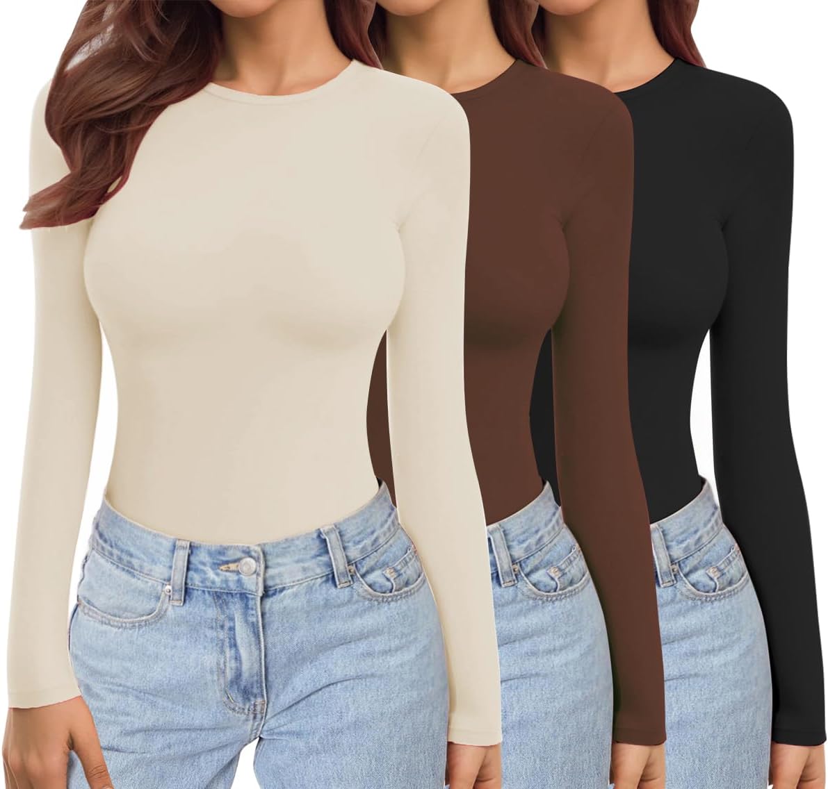 Ekouaer Womens Long Sleeve Shirts 3 Pack Trendy Basic Tops