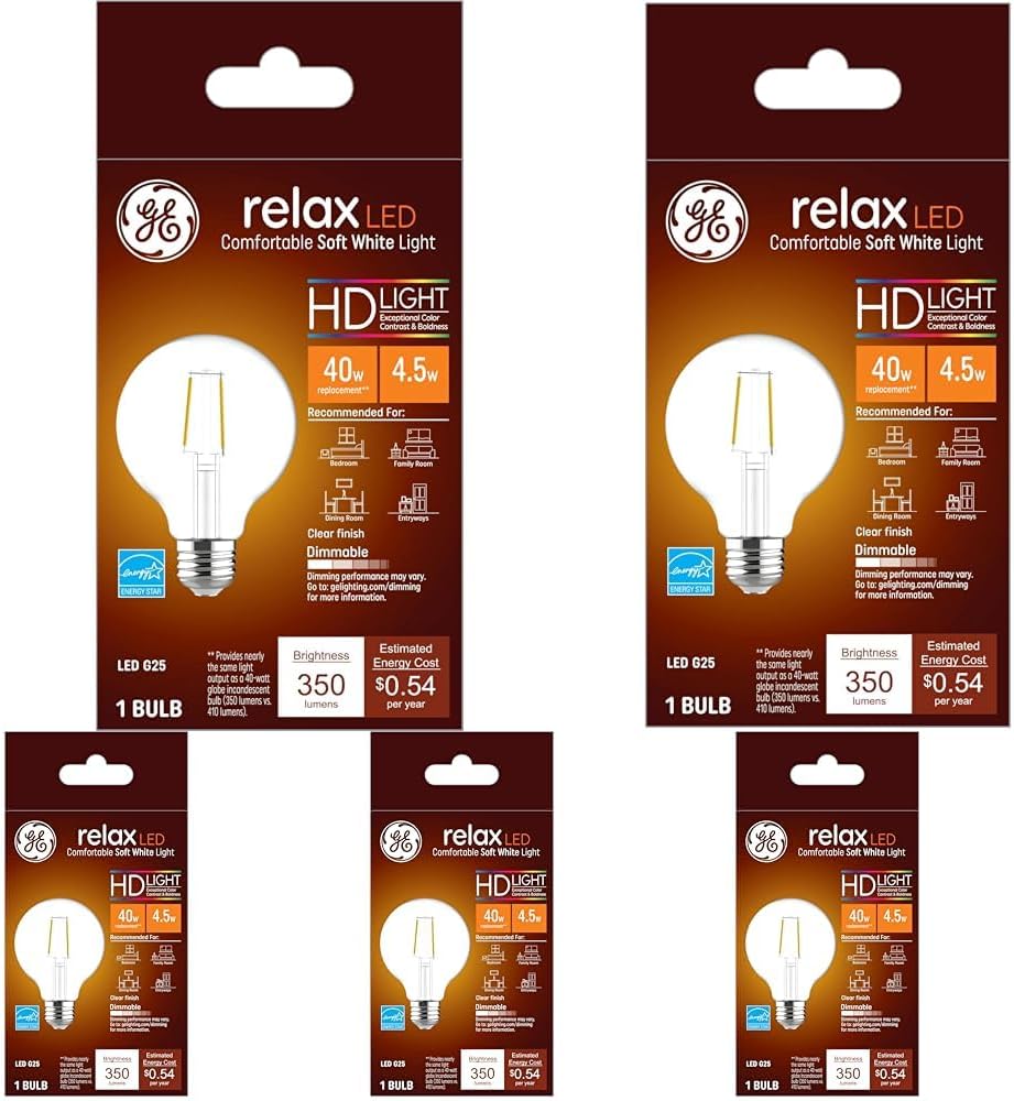GE Relax LED Light Bulb G25 Globe 40 Watt Soft White 5 Pack