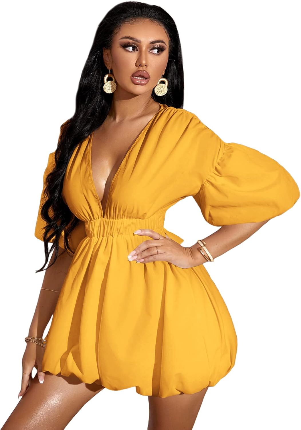 WDIRARA Women's Deep V Neck Puff Sleeve High Rise Flare Dress