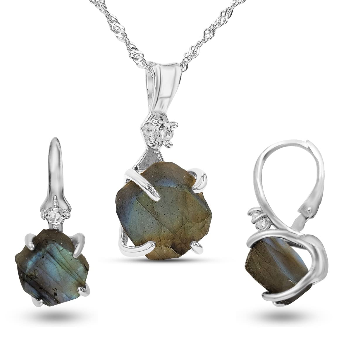 Real Raw Flashy Labradorite Drop Earrings and Necklace Set Gift