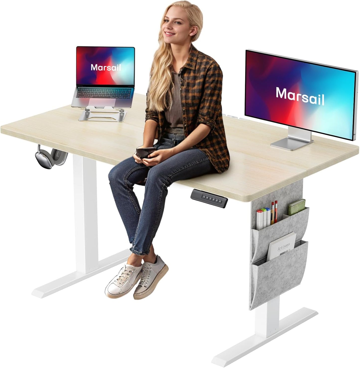 Marsail Adjustable Height Standing Desk with Storage and Hook
