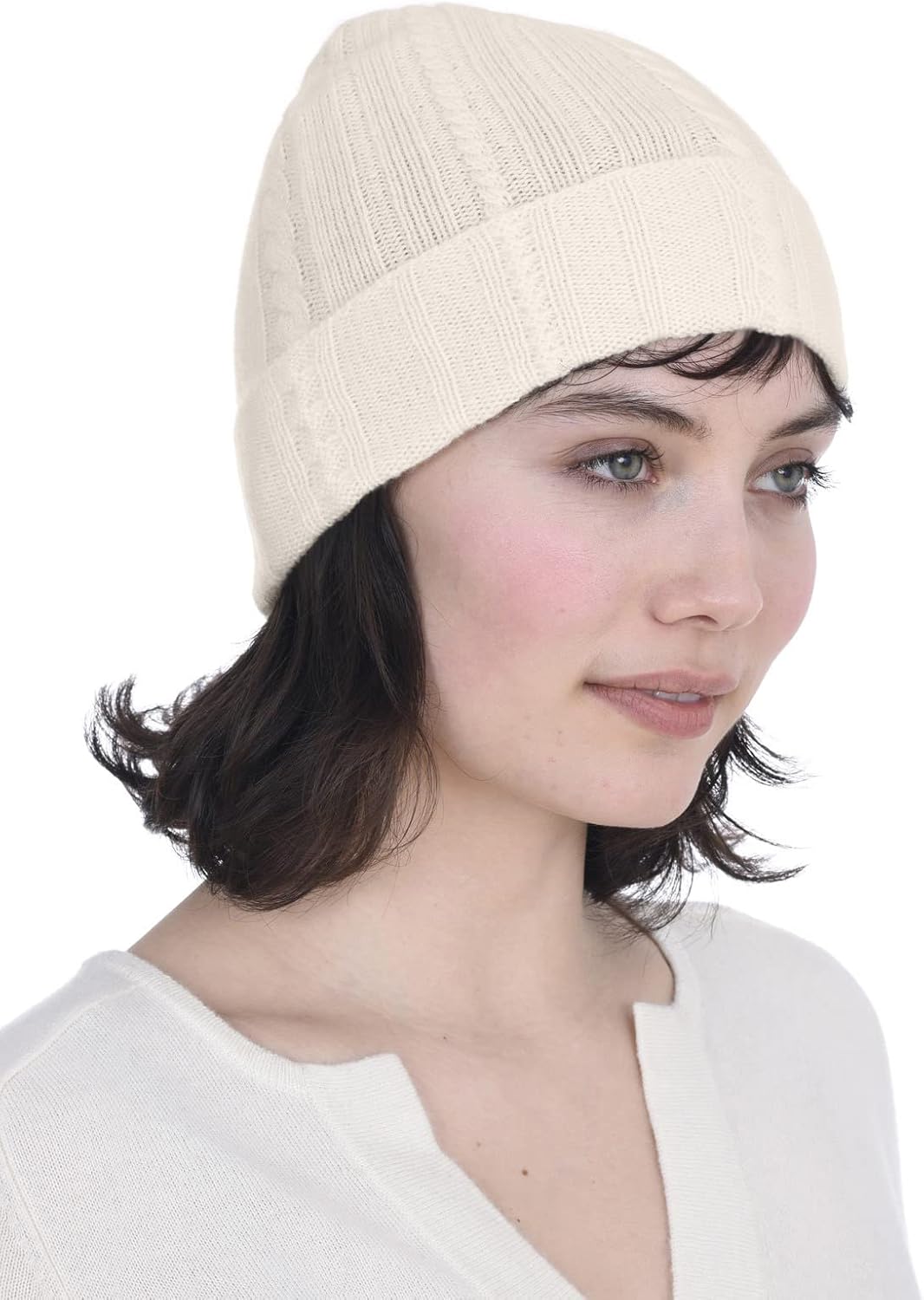 Cashmeren Fold-Over Cable Knit Beanie for Women in Pure Cashmere