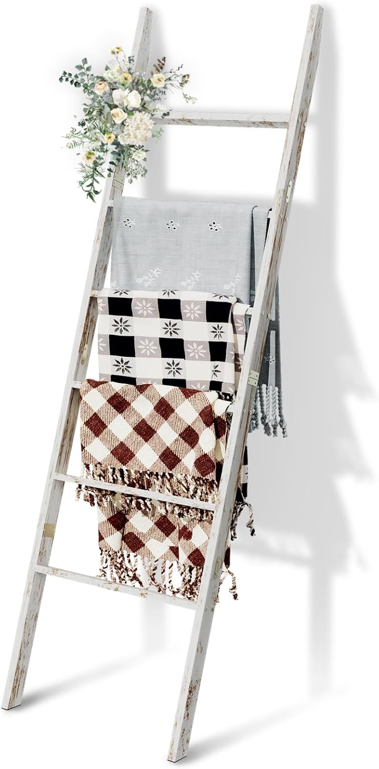6-Tier Blanket Ladder for Home Decor - Rustic Wooden Rack