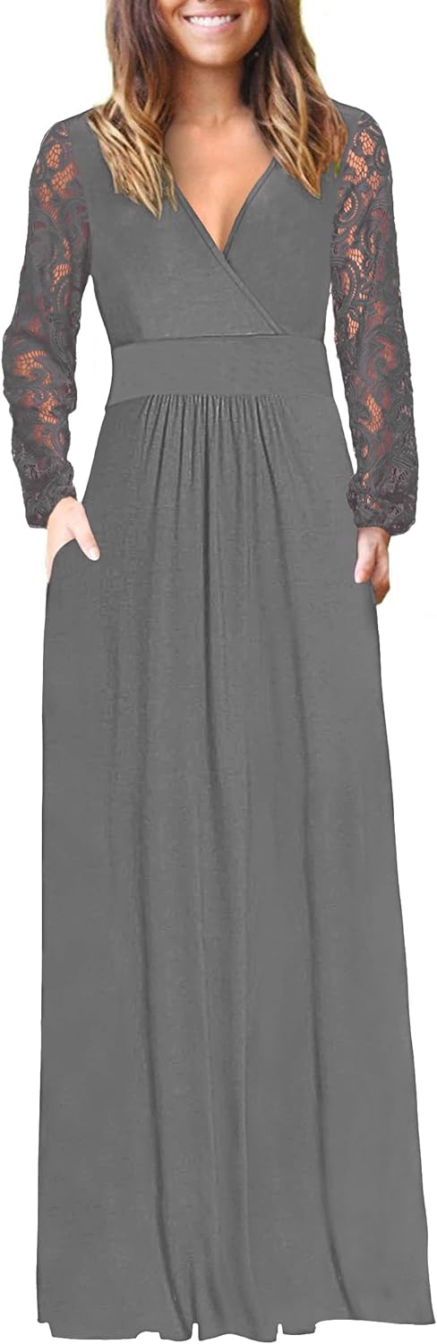 Womens Long Sleeve Maxi Dress with Lace Sleeves and Pockets