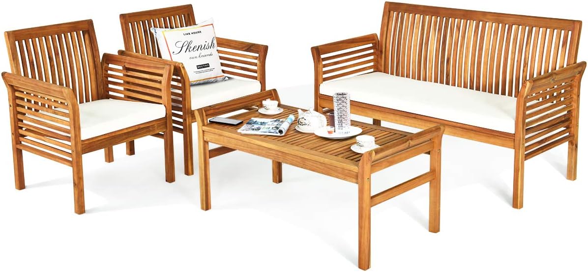 Tangkula 4 Piece Outdoor Acacia Wood Sofa Set with Cushions
