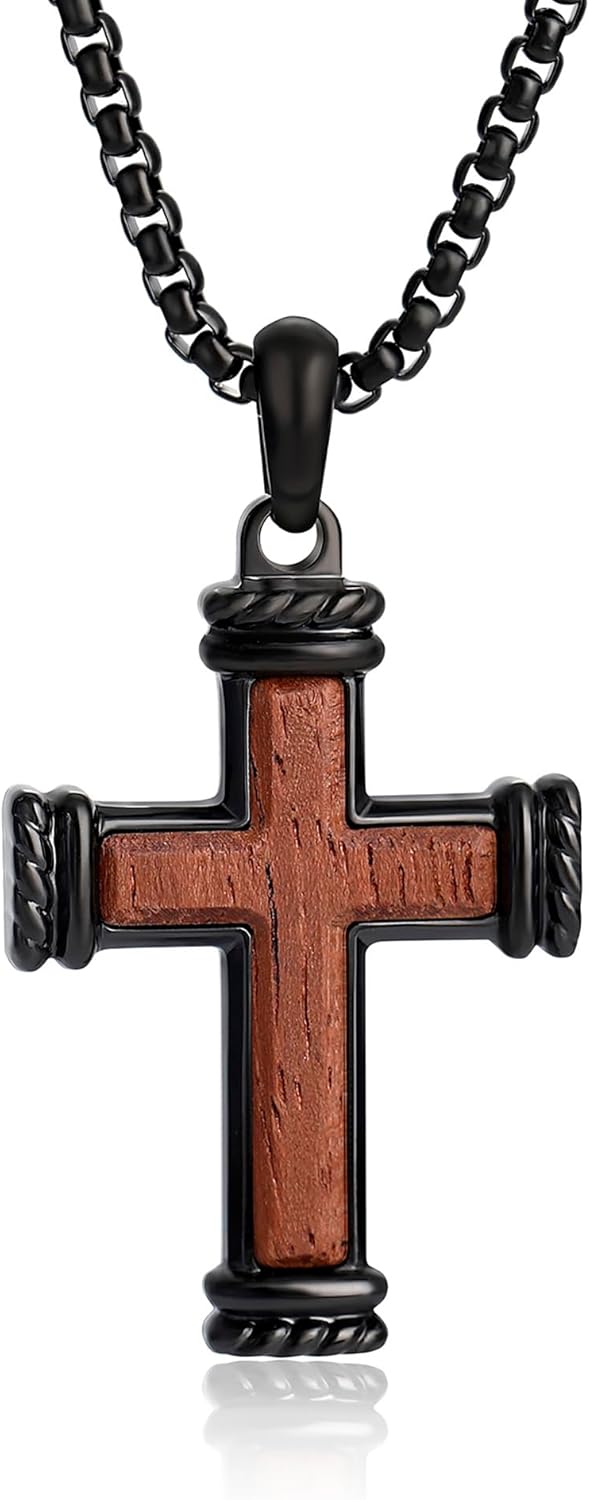 Cross Necklace for Men - Stainless Steel & Wood Adjustable Chain