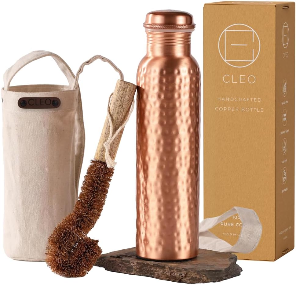 100% Pure Copper Water Bottle for Drinking - 32 Oz Hammered