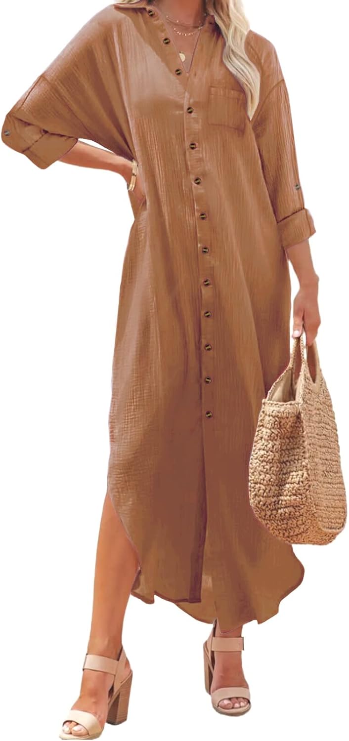 Kuraki Women's Casual Print Maxi Shirt Dress for Effortless Style